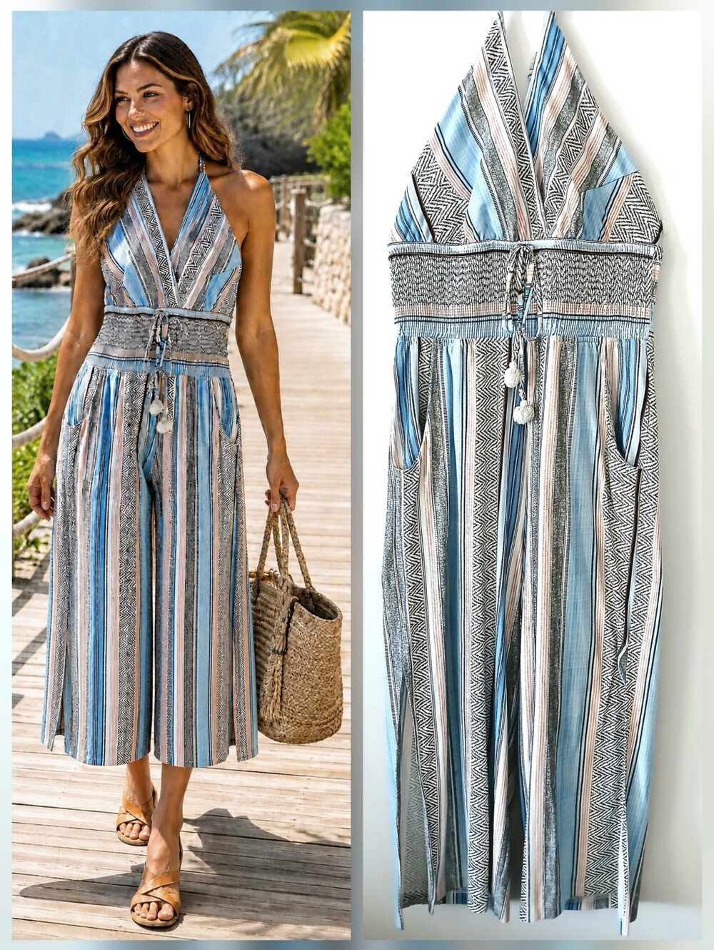 Venus BOHO Striped Tie Halter Top Jumpsuit Side Slits Wide Leg Women's Size L